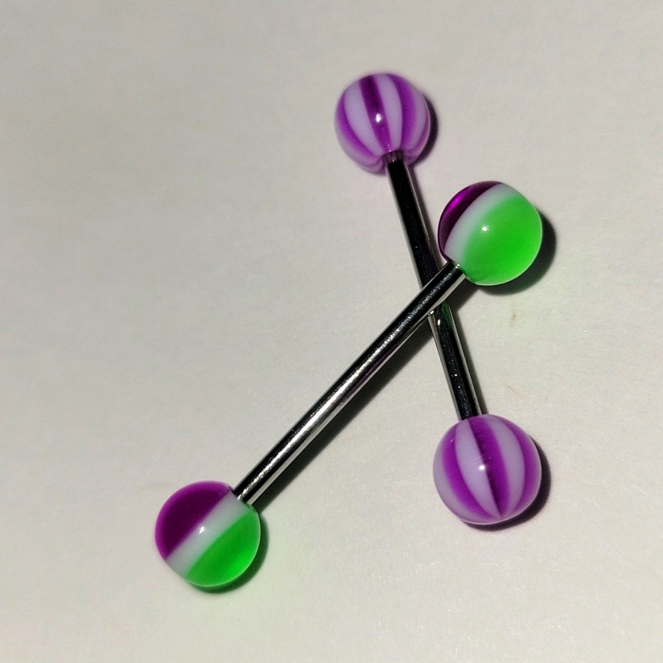 Barbell Body Jewelry 2 Pk Surgical Steel Green  Purple Combo